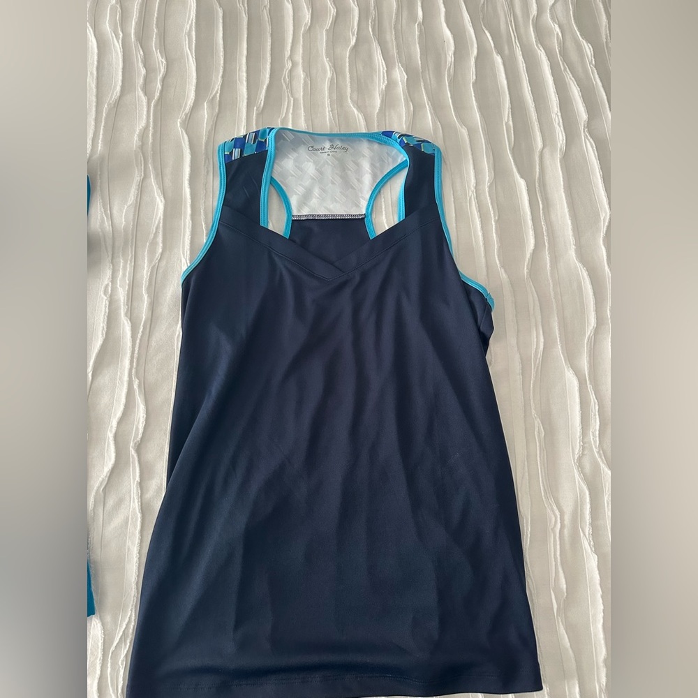 Navy Blue tennis/Pickelball Lady Haley Tank Top with Blue Trim, design in back